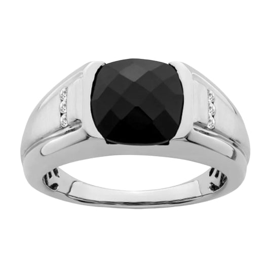 Quality Gold Men's Onyx & Diamond Ring in 14K White Gold - Size 10
