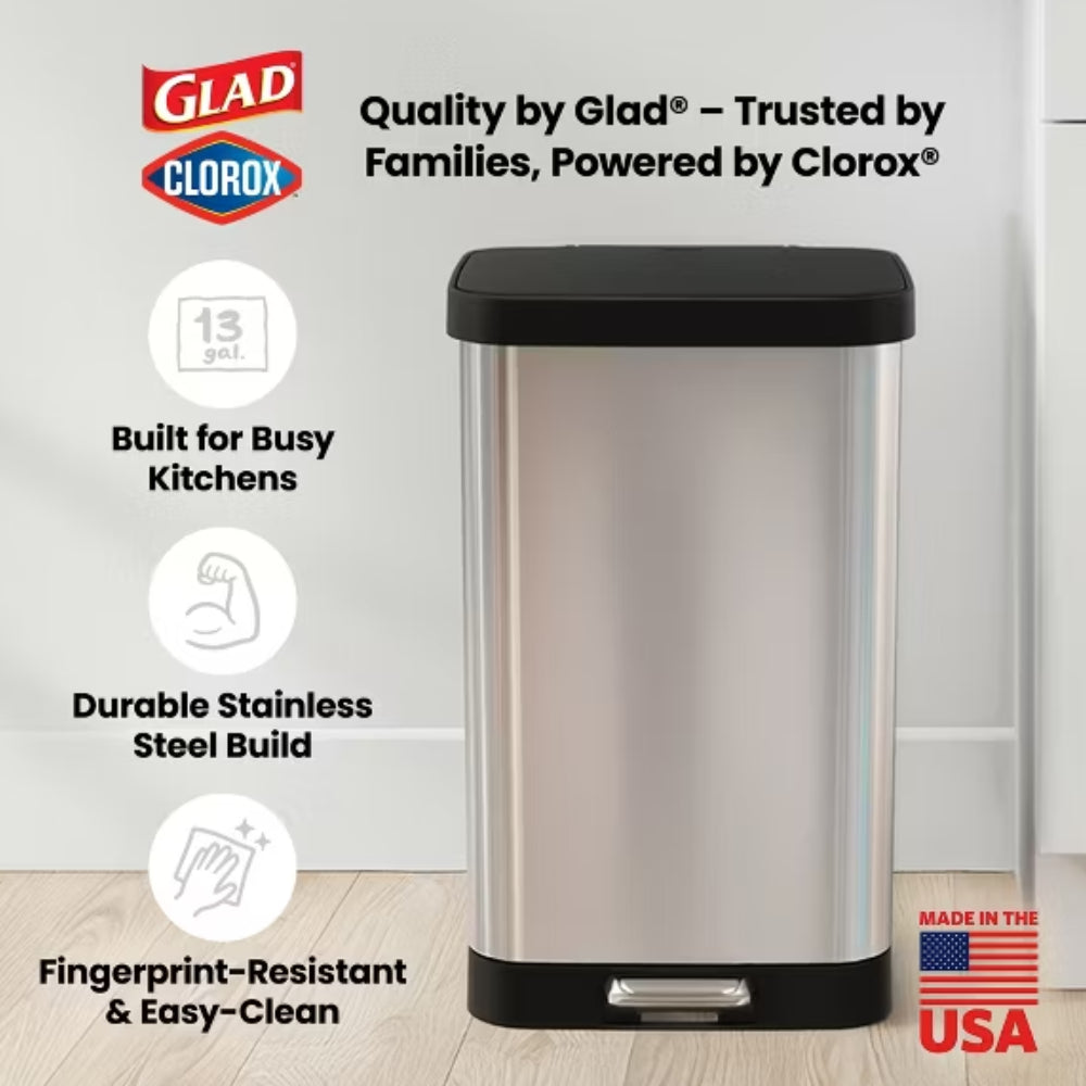 Glad 50L Step Trash Can with Odor Protection - Silver/Black