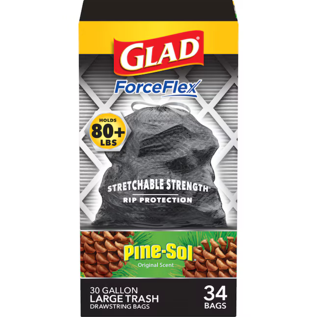 Glad 30-Gallon Original Pine Black Indoor Plastic Kitchen Drawstring Trash Bag 34 -Count