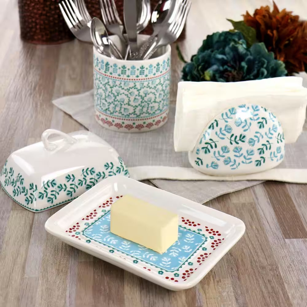 Gibson Home Village Vines Fine Ceramic Butter Dish (2-Piece) - White