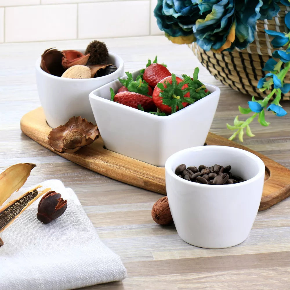 Gibson Elite Gracious Dining Fine Ceramic Tidbit Dish Set with Acacia Wood Base (4-Pieces) - White