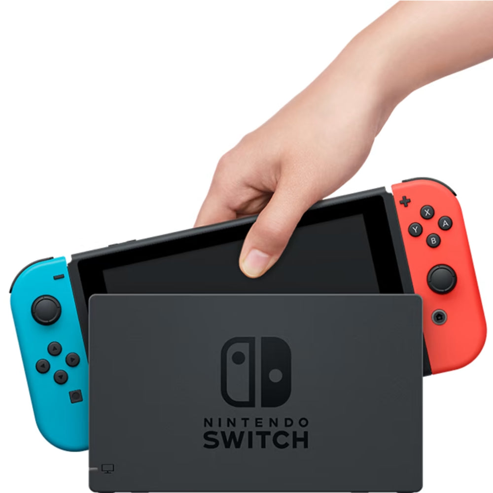 Nintendo Switch con mandos Joy‑Con: rojo neón/azul neón