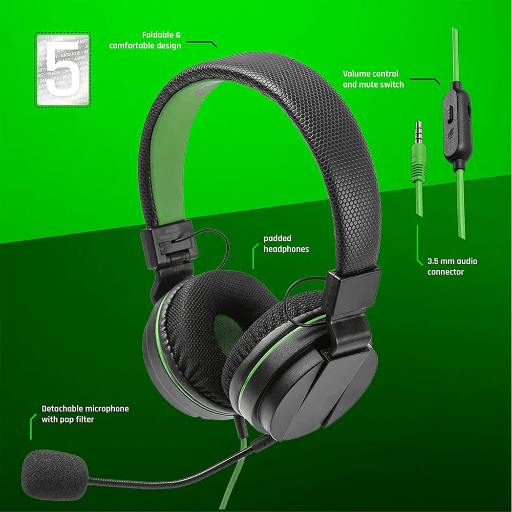 Auriculares estéreo con cable Snakebyte X y micrófono para Xbox One, color verde y negro