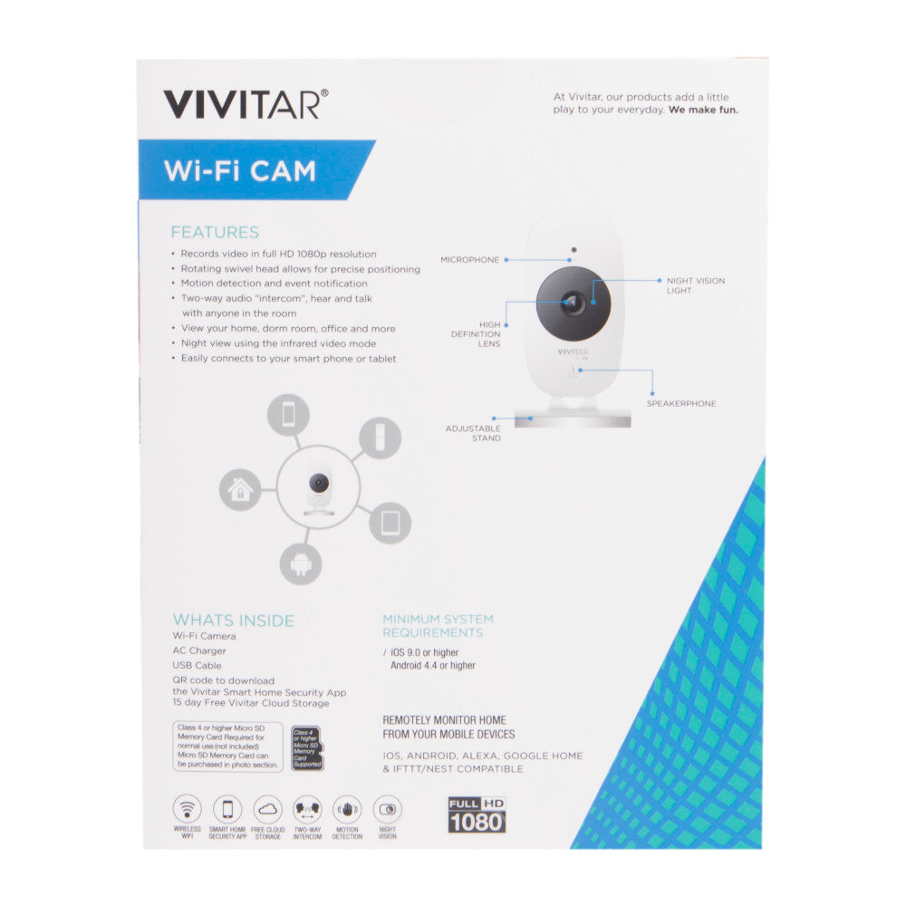 Cámara inteligente para el hogar con Wi-Fi, gran angular, 1080p, HD, con detección de movimiento, color blanco, Vivitar IPC113-WHT