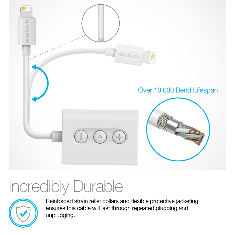 Adaptador de audio y carga Naztech de 3,5 mm con conector Lightning y MFi para iPhone (blanco)