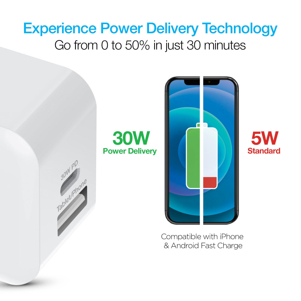 Naztech 30W USB-C PD/12W USB Fast Wall Charger - White