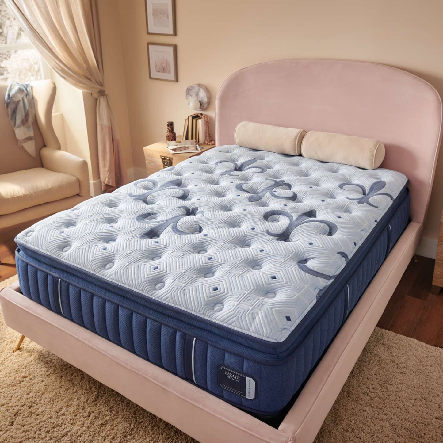 Stearns & Foster Estate Pillow Top Queen Size Firm Mattress - Light Blue/Navy