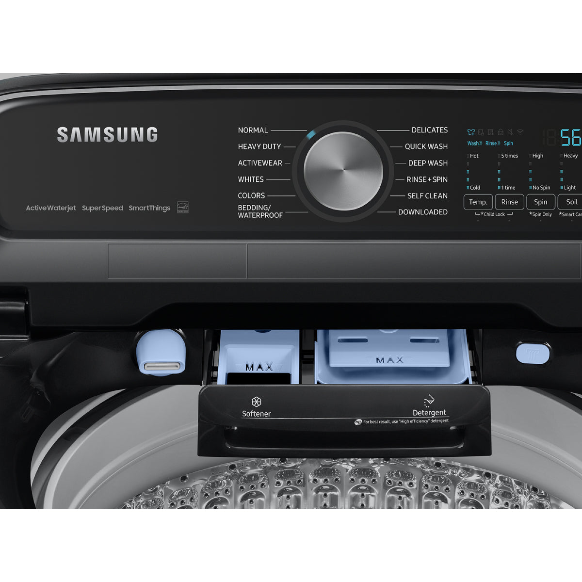 Lavadora inteligente de carga superior Samsung WA55CG7100AV de 5,5 pies cúbicos con lavado de alta velocidad, color negro cepillado