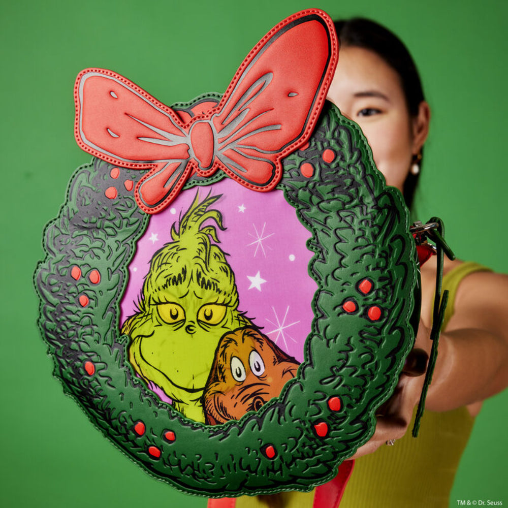 Bolso bandolera con corona de flores de la colección Dr. Seuss' How the Grinch Stole Christmas! de Loungefly