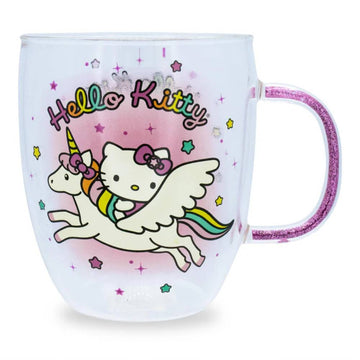 Sanrio Hello Kitty Unicorn 14 oz Glass Mug With Glitter Handle - White/Pink