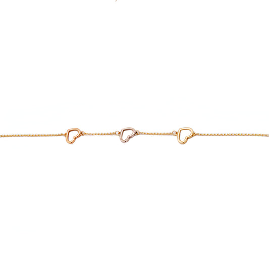 14K Women's 7.5" Cubic Zirconia 3 Outlined Hearts Bracelet in 14K Yellow Gold