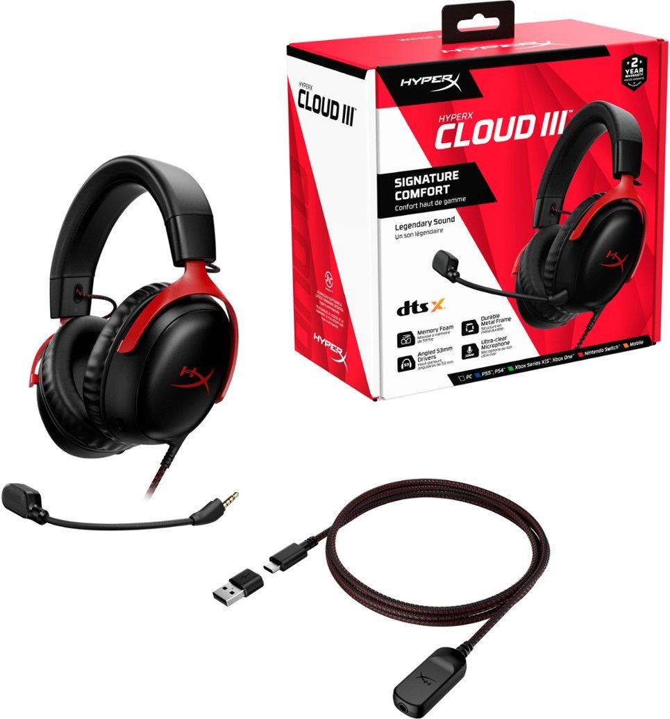 HyperX 727A9AA Cloud III Wired Over-the-Ear Gaming Headset - Black/Red