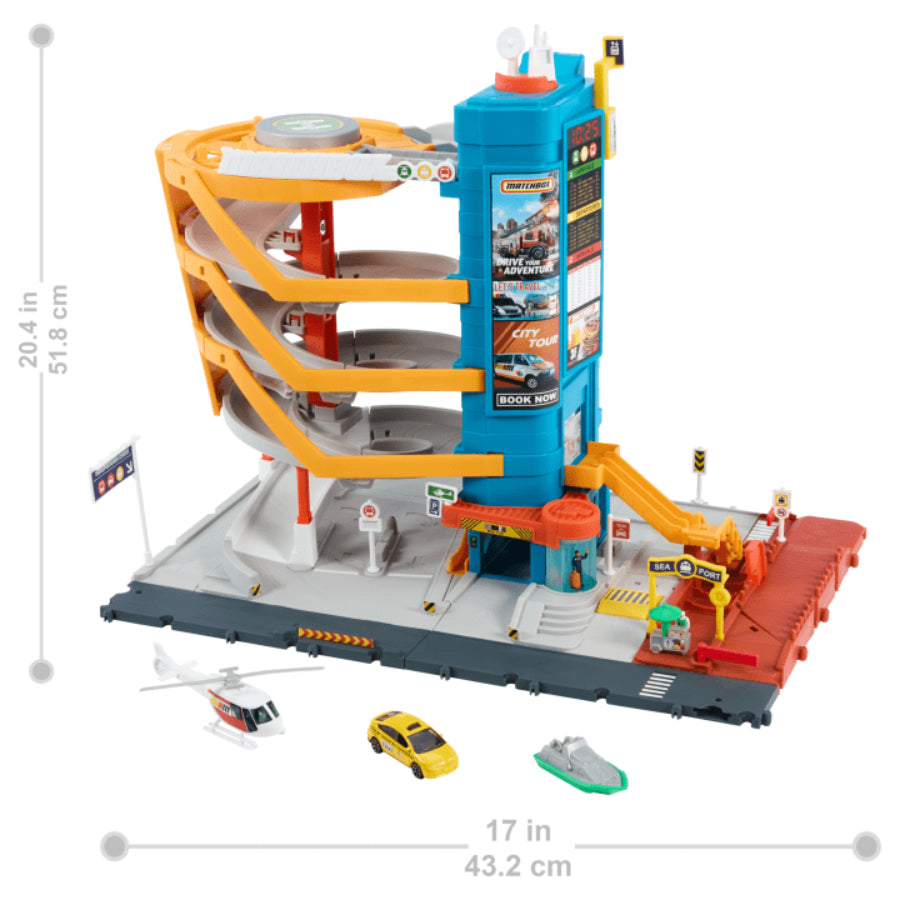 Matchbox Action Drivers Transportation Center Playset with 1:64 Scale Taxi, Boat and Helicopter Plus a Food Vendor Accessories.