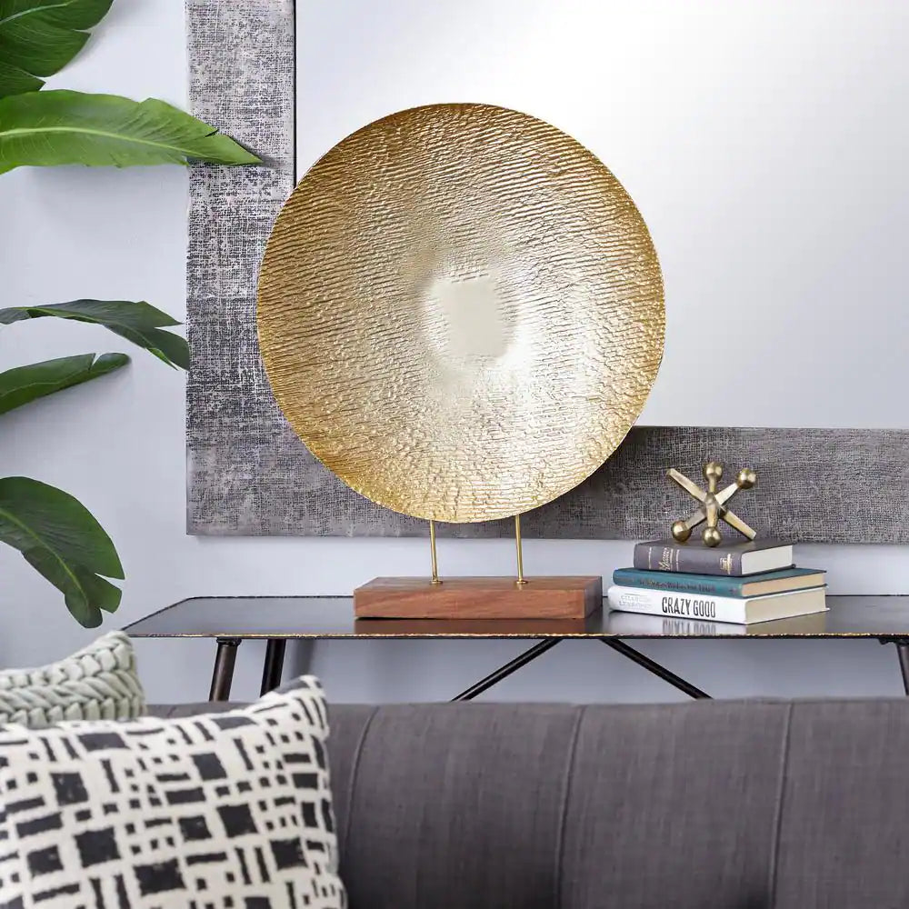 UMA Enterprises Contemporary 22" Metal Plate Geometric Sculpture with Wood Stand - Gold