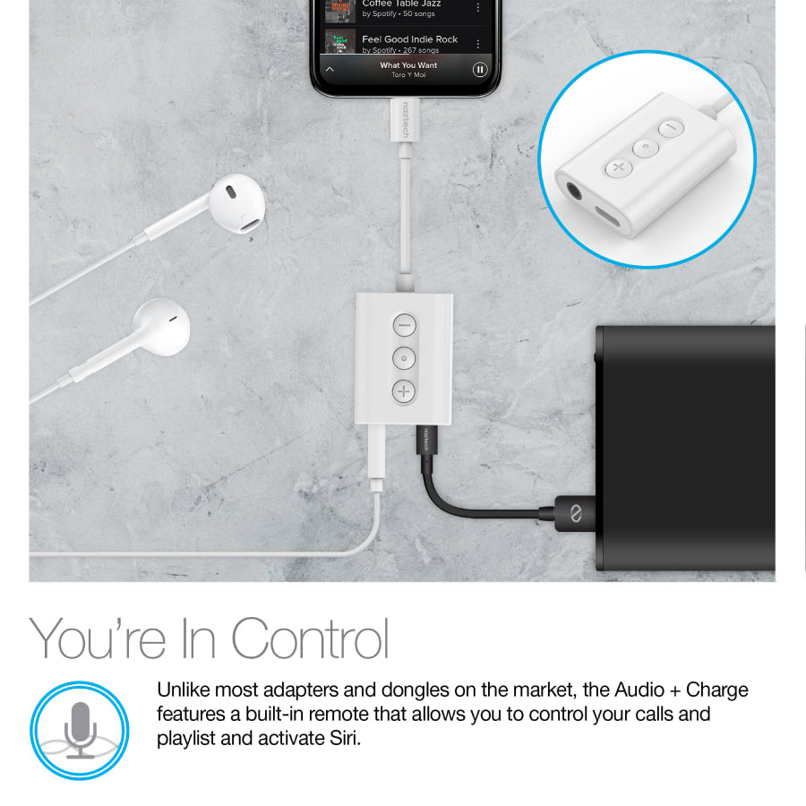 Adaptador de audio y carga Naztech de 3,5 mm con conector Lightning y MFi para iPhone (blanco)