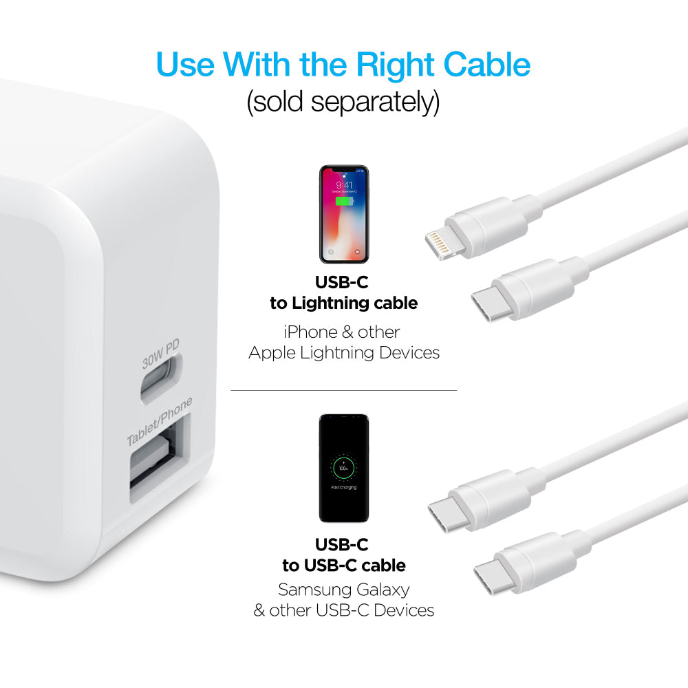 Cargador rápido de pared USB-C PD de 30 W y USB-C de 12 W de Naztech, color blanco