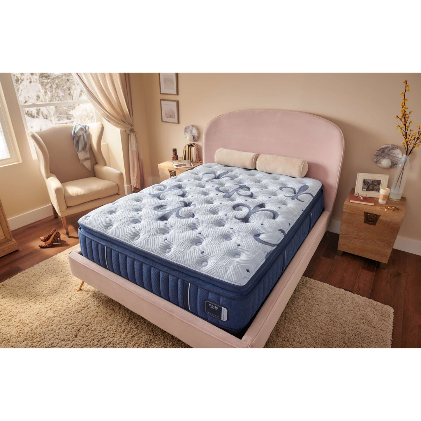 Stearns & Foster Estate Pillow Top California King Size Firm Mattress - Blue/White