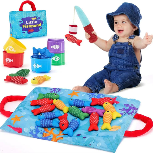Montessori Cloth Fishing Game for Toddlers with Stacking Cups and Color Sorting Early Education Math Toy