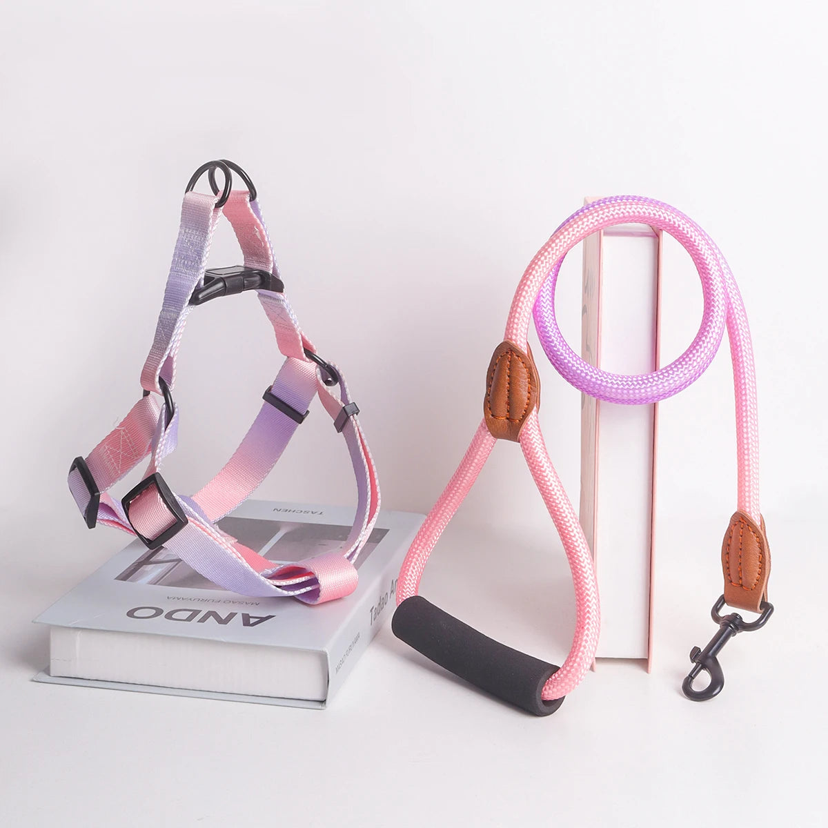 A set of colorful pet harness with leash and dog leash for indoor and outdoor use
