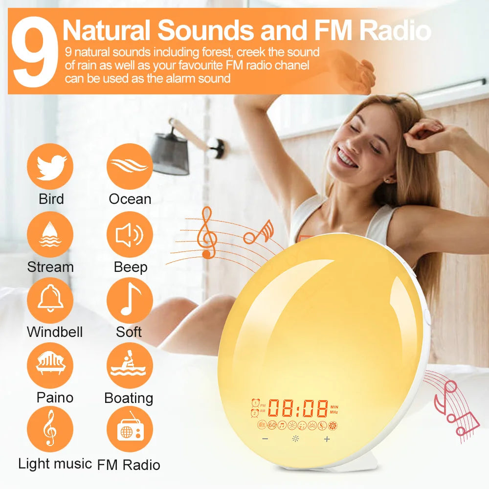 Sunrise Alarm Clock, Wake-Up Light Clock, Sunrise/Sunset Analog Digital Clock, Snooze Function, Night Light, Fm Radio Desk Clock