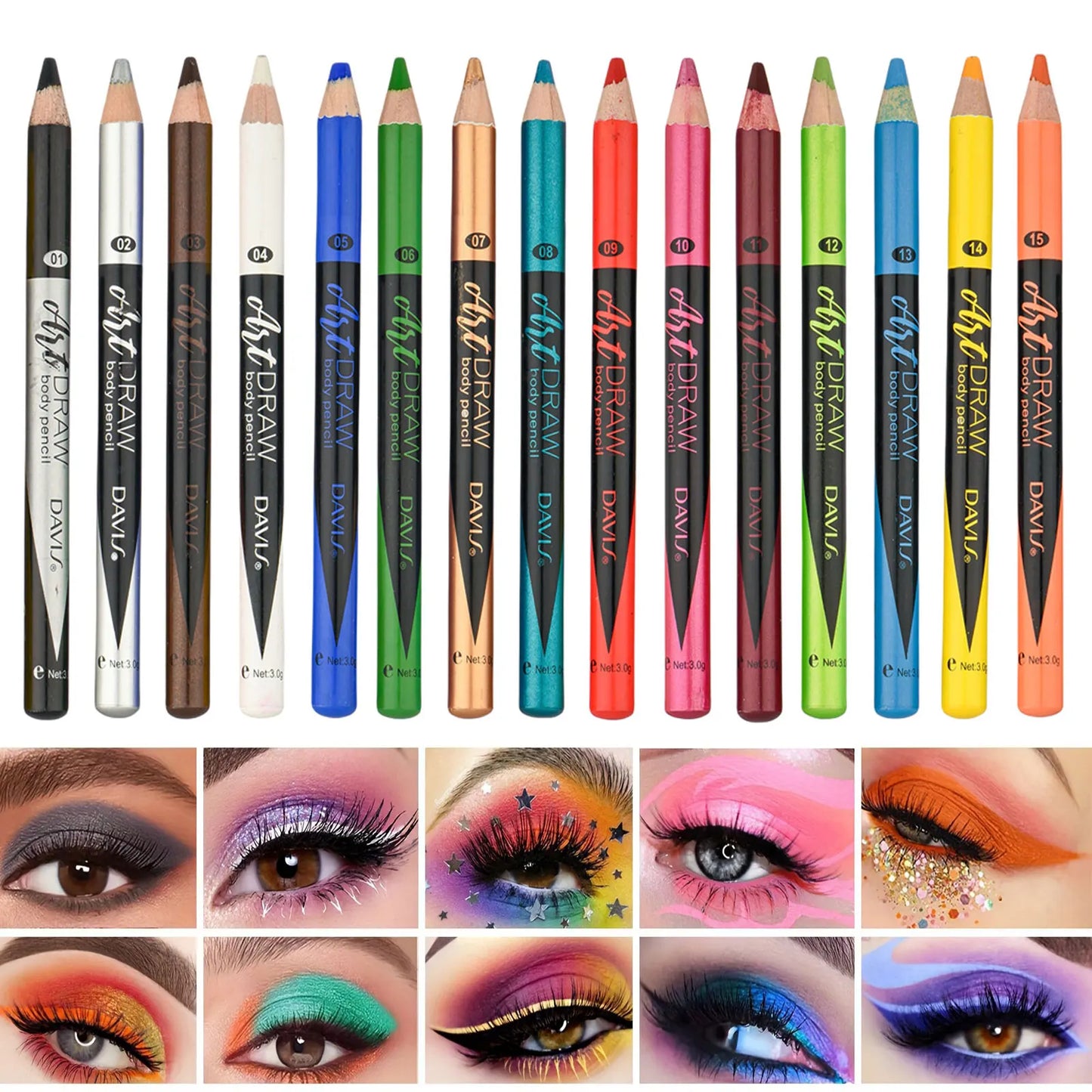 15 Color Eyeliner Lip Liner Pen, Black Blue Multicolor Metallic Pearly Glitter Matte Finish Punk Smokey Style Eye Makeup Pen