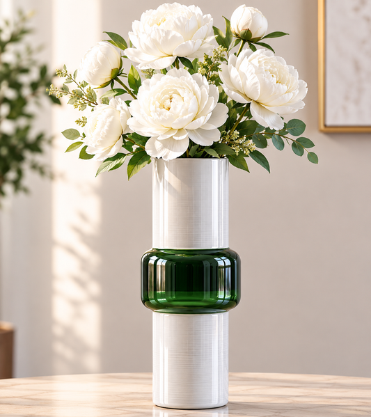 Jarrón cilíndrico de vidrio de 19" de Sagebrook Home, blanco y verde