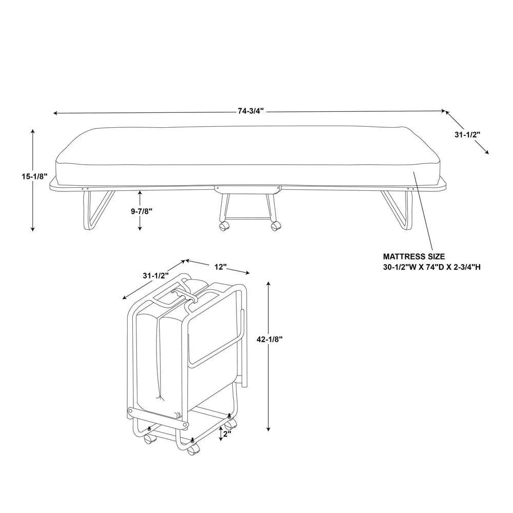 4" Twin Mattress Metal Frame Roma Rollaway Folding Guest Bed by Linon
