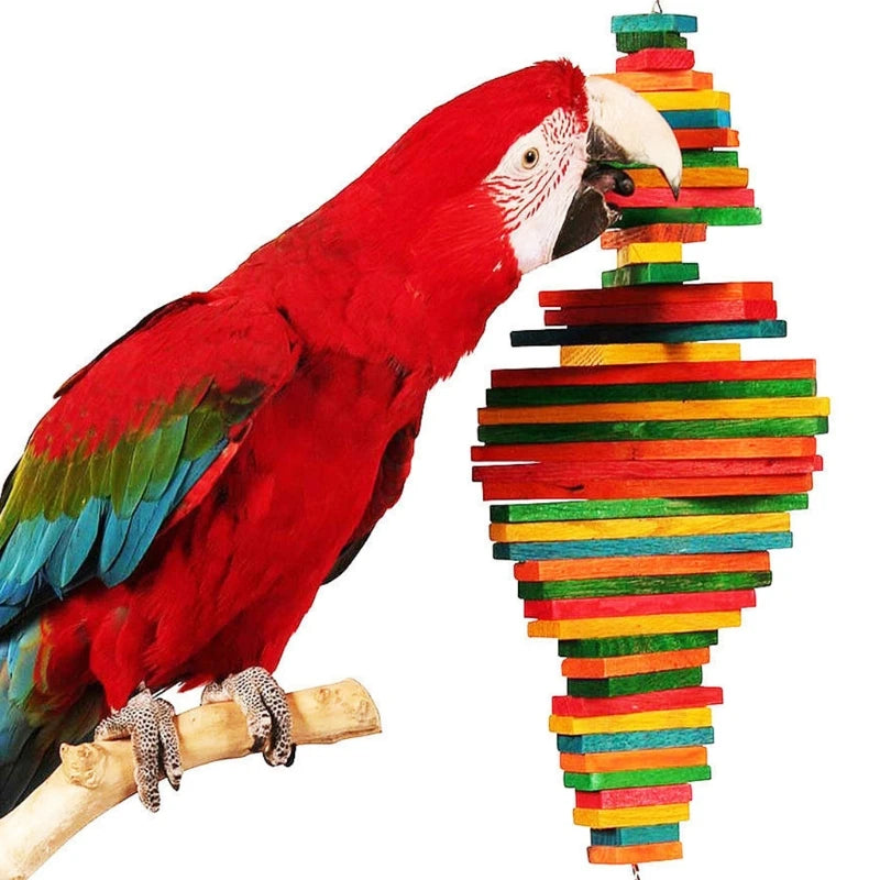 Rainbow Color Wood Blocks Bird Chew Toy With Hanging Chain Cage Parrot Toys Pecking Pet Bird Toy For budgies Cockatoos Lovebirds