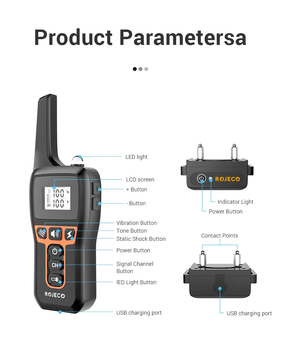 ROJECO 1000m Electric Dog Training Collar Remote Control Training Collar For Pet Rechargeable Dog Bark Control Stop Shock Collar