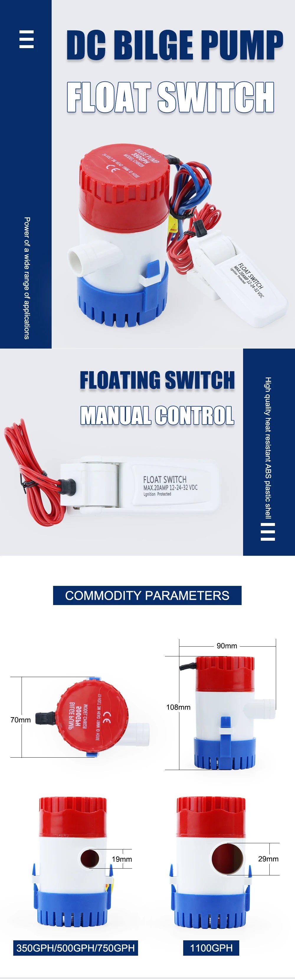 Minibomba de achique eléctrica sumergible para barco, 12 V CC, 500/750/1100 GPH, con sensor de interruptor de flotador para hidroavión, motor, casa flotante