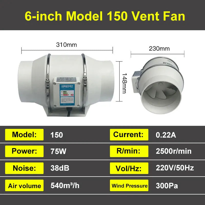 Extractor de aire de 4, 5, 6 y 8 pulgadas, 220 V, conducto de ventilación en línea para el hogar, cocina, inodoro, ventilador de flujo diagonal