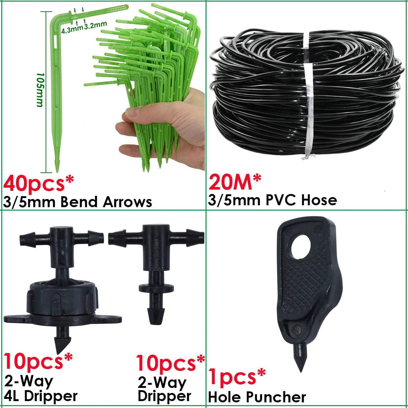 KESLA Greenhouse Drip Irrigation System 4-Way 3/5mm Automatic Watering Kit for Potted Plants 10 or 20 Sets