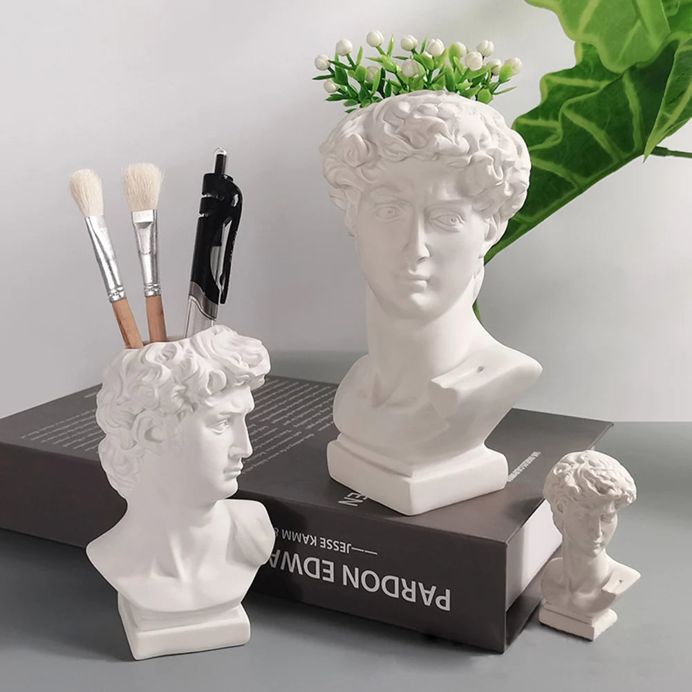 Pen Holder Resin David Statue Miniature Figurine Portrait Make-up Brush Storage Box Flowerpot Table Desktop Organizer Home Decor