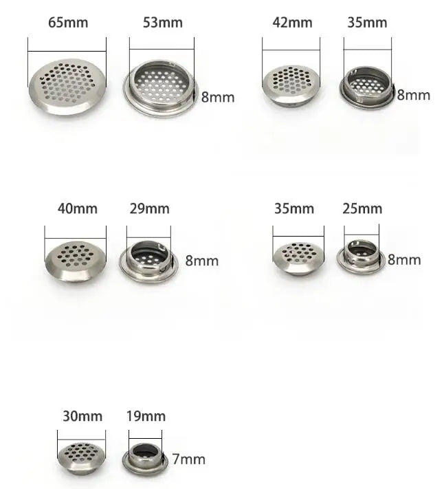 10 piezas de conducto de aire de gabinete redondo, diámetro de ventilación de 19 mm a 53 mm, rejilla de acero, tapón de orificio, cubierta decorativa, sistemas de ventilación de rejilla de armario