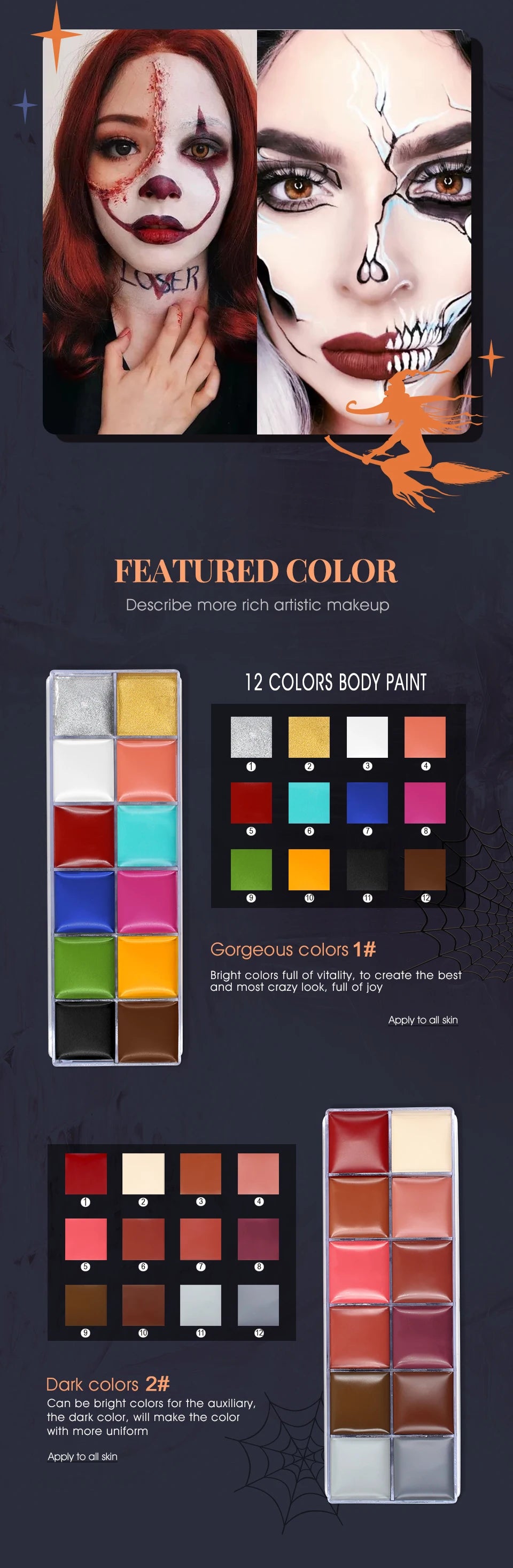 IMAGIC 12 Colors Flash Tattoo Face and Body Paint Set for Halloween Parties and Fancy Dress Makeup
