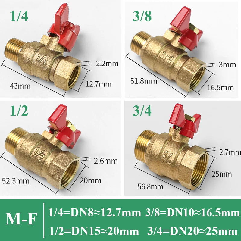 Válvula de bola de cierre de latón de dos vías con rosca hembra a hembra de 1/4", 3/8", 1/2" y 3/4" con manija de mariposa para combustible, gas, agua, aceite y aire