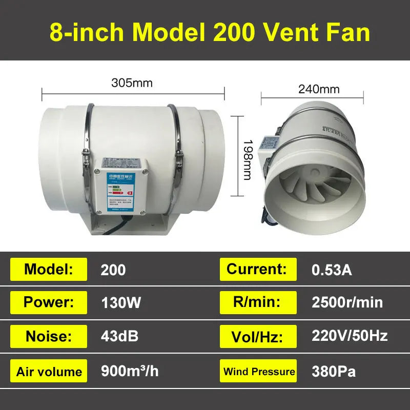 Extractor de aire de 4, 5, 6 y 8 pulgadas, 220 V, conducto de ventilación en línea para el hogar, cocina, inodoro, ventilador de flujo diagonal