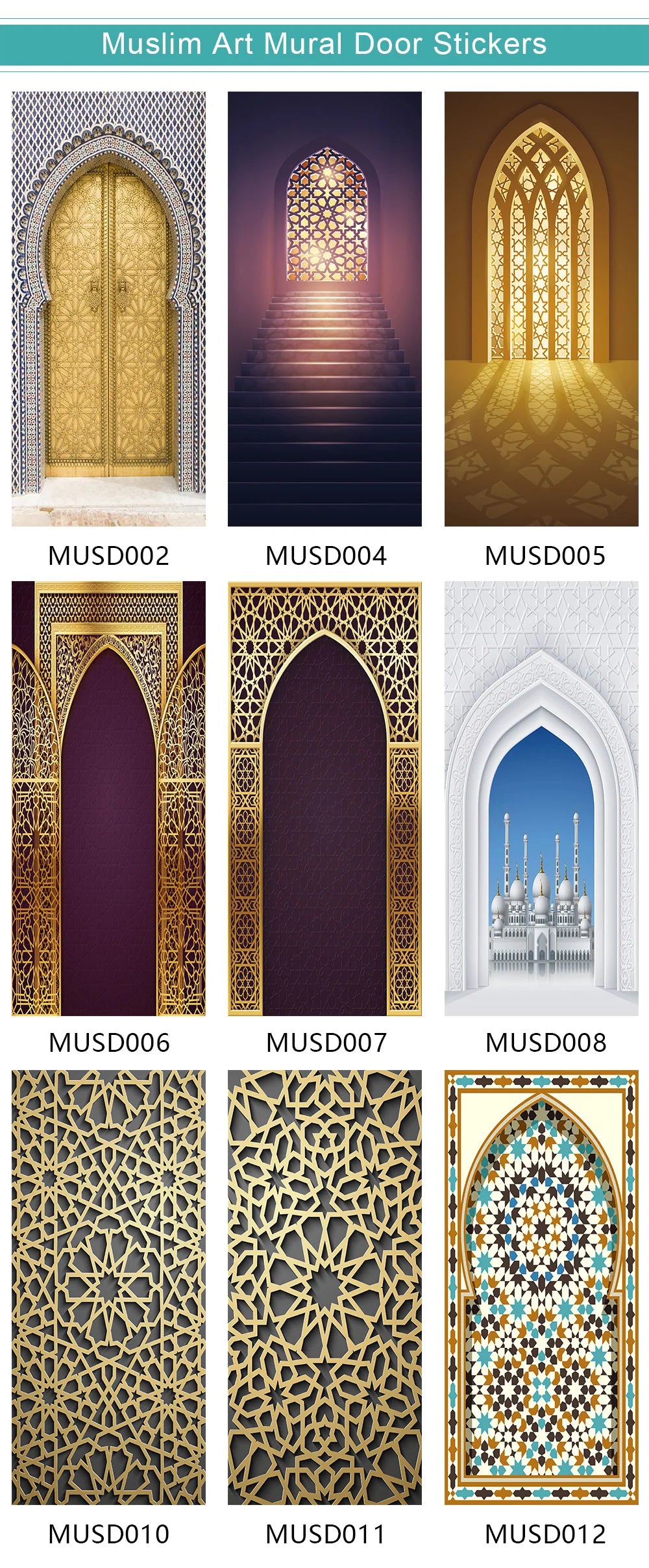 2pcs/Set Muslim Styles Door Art Mural Sticker Peel & Stick PVC Home Decor