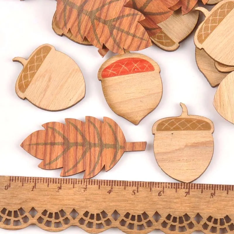 25Pcs Mixed Leaf Pine Cone Wooden Embellishments DIY 24x32mm