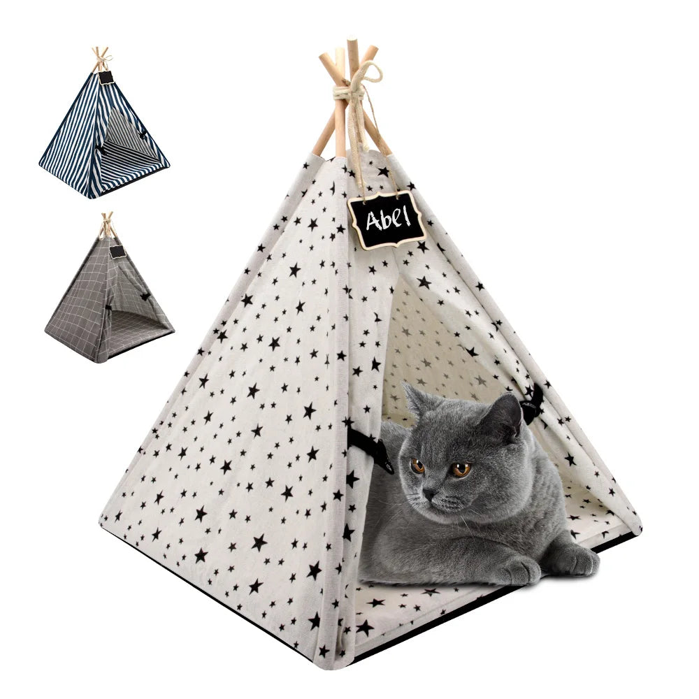 Pet Tent House Cat Tunnel Portable Teepee Small Dog Puppy Tent Bed Kennel Warm Cat Indoor Outdoor House Sleeping Bed Cushion