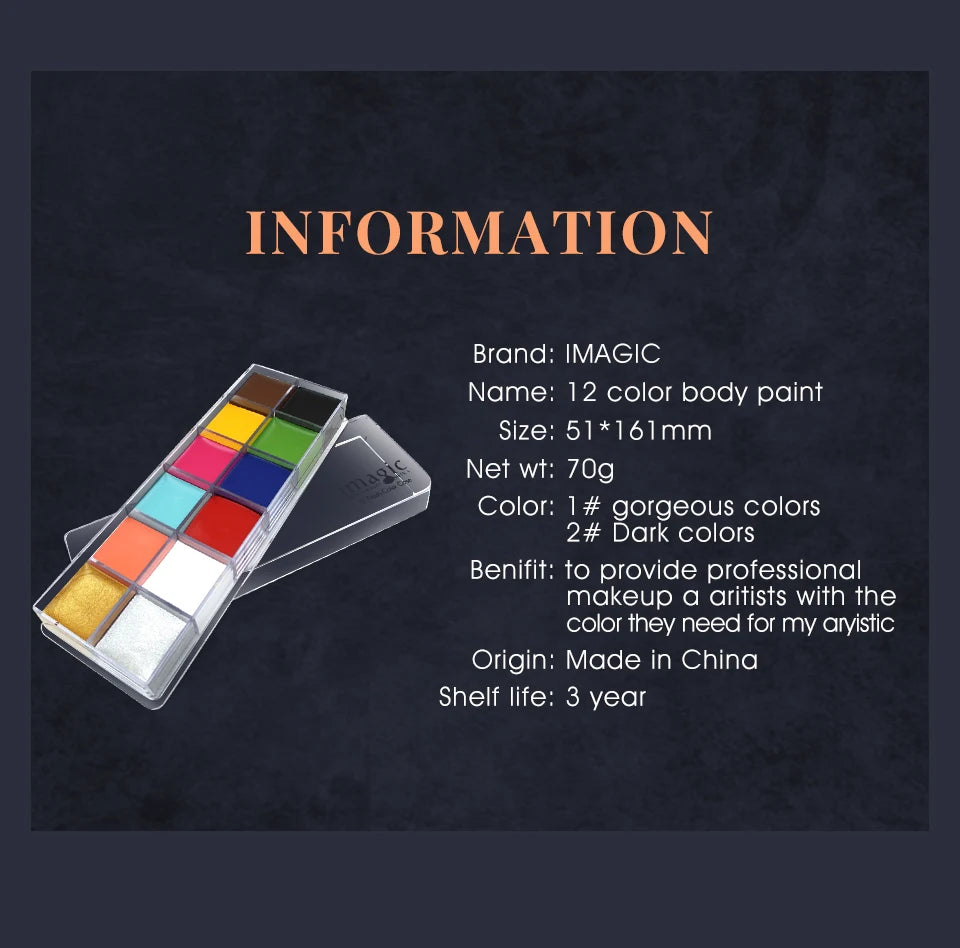 IMAGIC 12 Colors Flash Tattoo Face and Body Paint Set for Halloween Parties and Fancy Dress Makeup