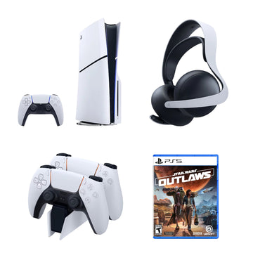 Bundle: Sony PlayStation 5 Slim Console + Pulse Elite Wireless Gaming Headset + DualSense 2-Bay Wireless Charging Station - White/Black + Star Wars Outlaws Video Game