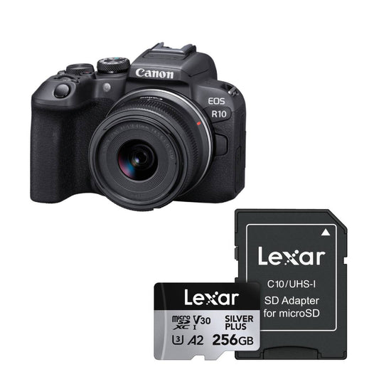 Bundle: Canon EOS R10 Mirrorless Camera with RF-S 18-45 f/4.5-6.3 IS STM Lens + Lexar Professional Silver Plus 256GB microSDXC Memory Card