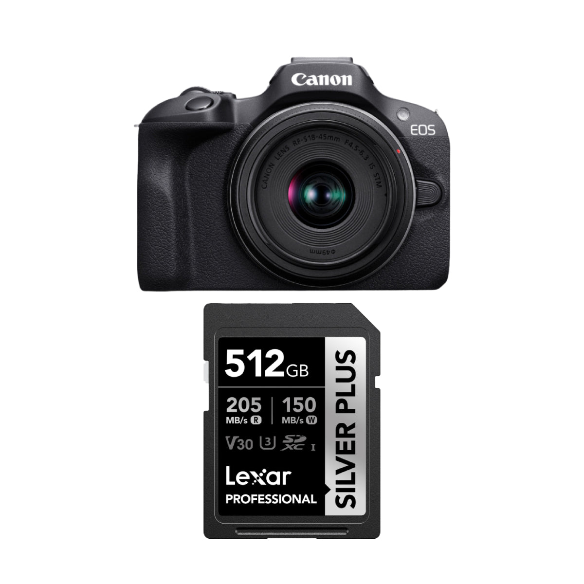 Bundle: Canon EOS R100 Mirrorless Camera + Lexar 512GB Silver Plus UHS-I SDXC Memory Card