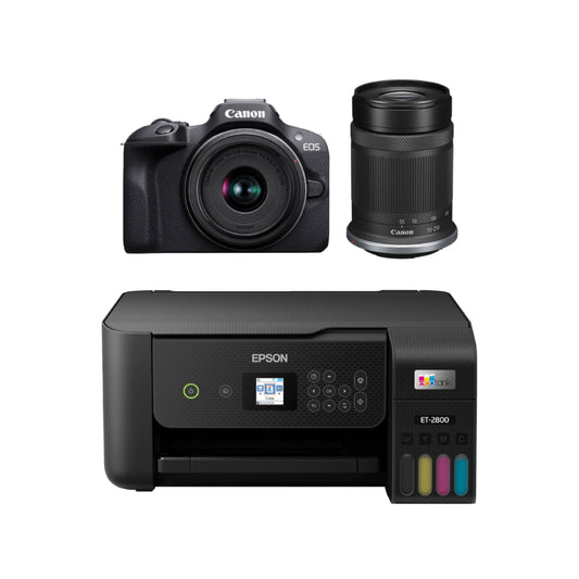 Bundle: Canon EOS R100 Mirrorless Camera with Lenses Kit + Epson EcoTank ET-2800 Wireless Color All-in-One Cartridge-Free Supertank Printer