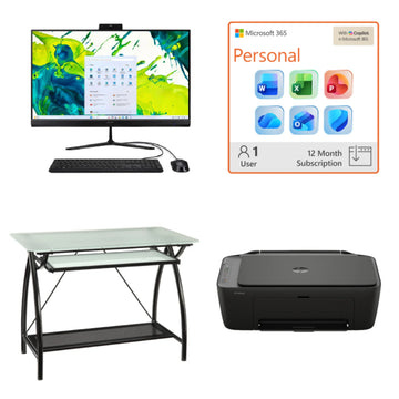 Bundle: Acer Aspire 27" All-in-One Desktop - AMD Ryzen 5 7430U with 16GB Memory 512GB SSD + Microsoft 365 Personal 1 year Subscription + Newport 39.75" Computer Desk + HP DeskJet 2955 Wireless All-in-One Inkjet Printer