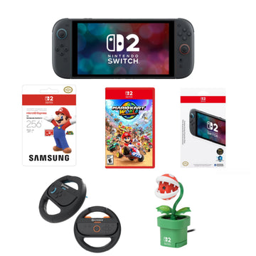 Bundle: Nintendo Switch 2 256GB Console + Samsung 256GB microSD Express Card + Mario Kart World + Hori Premium Screen Protective Filter + Joy-Ride Racing Wheel Set (2-Piece) + Hori Piranha Plant Camera