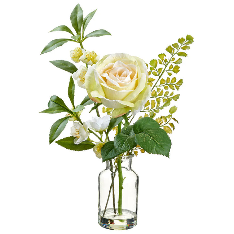 Allstate Floral 14" Rose, Blossom & Fern Leaf Flower Arrangement with Glass Vase