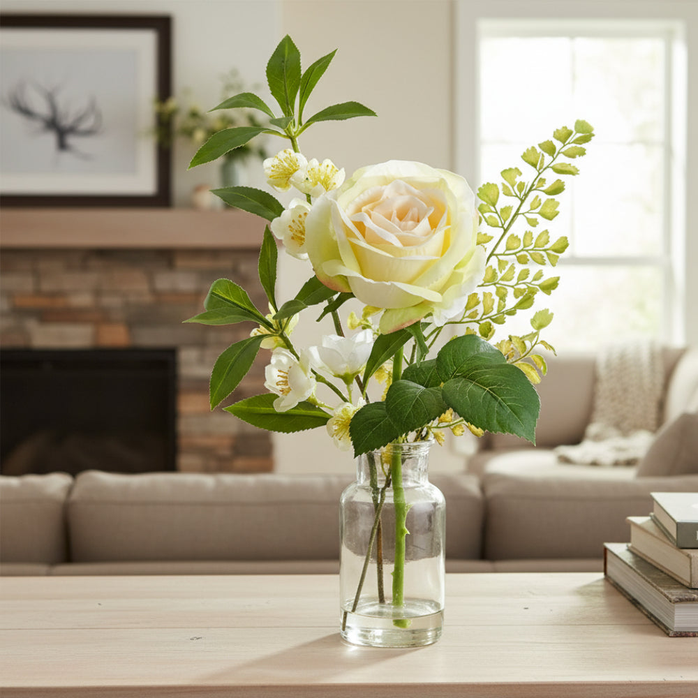 Allstate Floral 14" Rose, Blossom & Fern Leaf Flower Arrangement with Glass Vase