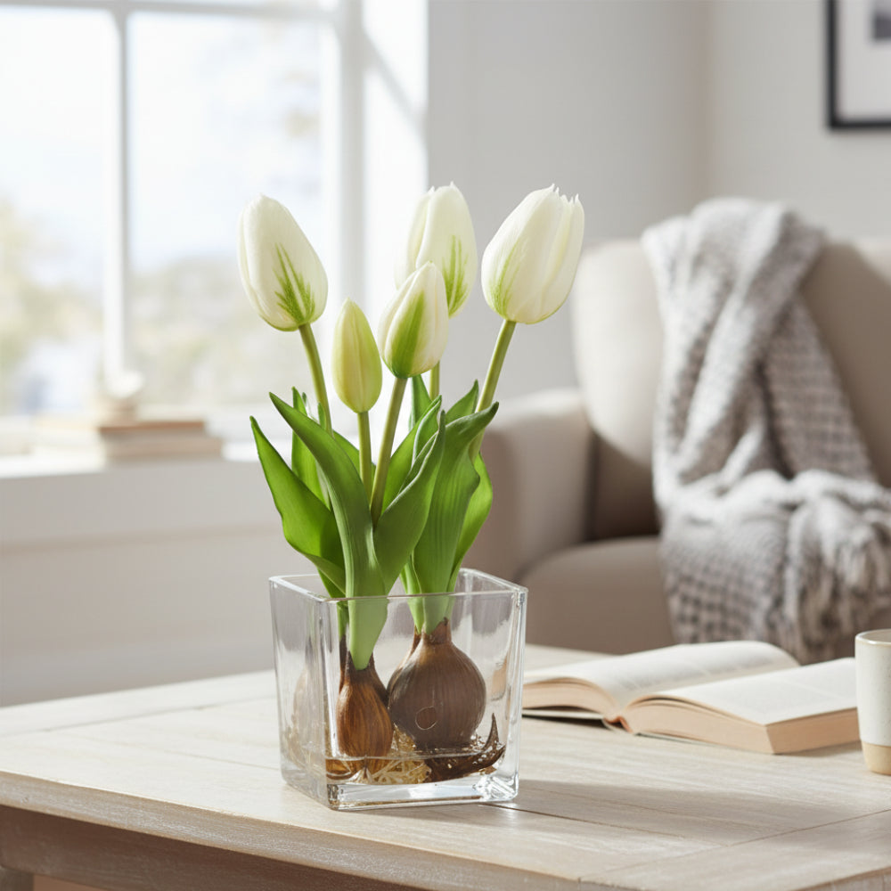 Allstate Floral 9" Tulip Flower Arrangement with Glass Vase - White/Green